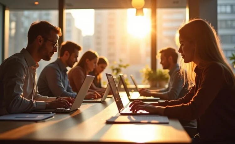 Ein helles, warm beleuchtetes Büro mit mehreren Personen europäischer Herkunft, die konzentriert an modernen Laptops arbeiten, während durch große Fenster sanftes Tageslicht strömt und eine Atmosphäre von Vertrauen, Zusammenarbeit und technologischer Souveränität ausstrahlt.