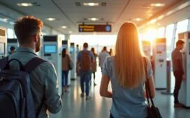 Helle, freundliche Flughafen-Szene mit Reisenden unterschiedlicher Herkunft, die entspannt vor modern gestalteten biometrischen Kontrollstationen mit Gesichtsscannern und Fingerabdruckgeräten stehen, eingefangen in warmem, natürlichem Tageslicht und einer klaren, realistischen Editorial-Fotografie.