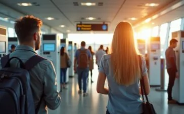 Helle, freundliche Flughafen-Szene mit Reisenden unterschiedlicher Herkunft, die entspannt vor modern gestalteten biometrischen Kontrollstationen mit Gesichtsscannern und Fingerabdruckgeräten stehen, eingefangen in warmem, natürlichem Tageslicht und einer klaren, realistischen Editorial-Fotografie.