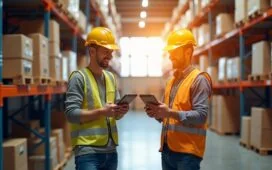 Ein hell ausgeleuchteter, moderner Lagerraum eines mittelständischen Unternehmens, in dem freundliche Mitarbeitende mit digitalen Handscannern und Tablets effizient Bestände erfassen, während warmes Tageslicht durch große Fenster strömt und eine Atmosphäre von Fortschritt und Zusammenarbeit schafft.