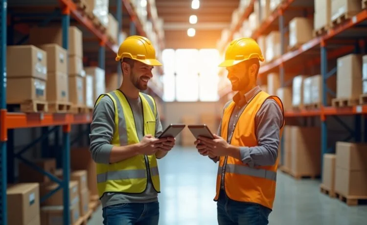 Ein hell ausgeleuchteter, moderner Lagerraum eines mittelständischen Unternehmens, in dem freundliche Mitarbeitende mit digitalen Handscannern und Tablets effizient Bestände erfassen, während warmes Tageslicht durch große Fenster strömt und eine Atmosphäre von Fortschritt und Zusammenarbeit schafft.
