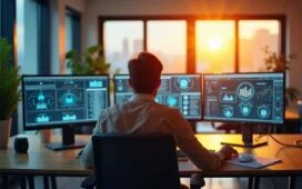 Ein sonnendurchflutetes, modernes Büro mit fokussierten IT-Spezialisten, die konzentriert an mehreren Bildschirmen mit Sicherheitsscans und Update-Dashboards arbeiten, während warme Tageslichtstrahlen eine Atmosphäre von Dringlichkeit und Zuversicht schaffen.