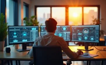 Ein sonnendurchflutetes, modernes Büro mit fokussierten IT-Spezialisten, die konzentriert an mehreren Bildschirmen mit Sicherheitsscans und Update-Dashboards arbeiten, während warme Tageslichtstrahlen eine Atmosphäre von Dringlichkeit und Zuversicht schaffen.