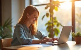 Ein strahlend heller, lebendiger Büroarbeitsplatz mit einer lächelnden jungen Unternehmerin, die konzentriert über ihren Laptop mit geöffnetem Shopify-Shop und Chatfenster kommuniziert, während warme Sonnenstrahlen durchs Fenster fallen und eine freundliche, einladende Atmosphäre voller digitaler Innovation und moderner E-Commerce-Zukunft schaffen.