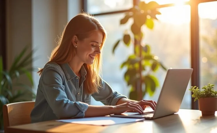 Ein strahlend heller, lebendiger Büroarbeitsplatz mit einer lächelnden jungen Unternehmerin, die konzentriert über ihren Laptop mit geöffnetem Shopify-Shop und Chatfenster kommuniziert, während warme Sonnenstrahlen durchs Fenster fallen und eine freundliche, einladende Atmosphäre voller digitaler Innovation und moderner E-Commerce-Zukunft schaffen.