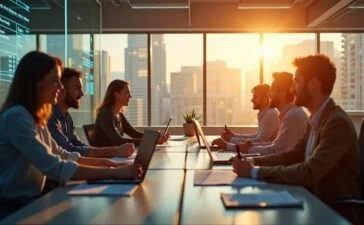 Ein hell erleuchtetes, modernes Büro mit einem lächelnden Team, das konzentriert vor transparenten Bildschirmen sitzt, auf denen strukturierte digitale Rechnungen und sichere Datenströme elegant dargestellt sind, während warmes Sonnenlicht durch große Fenster fällt und eine Atmosphäre von Vertrauen, Innovation und digitalem Fortschritt schafft.