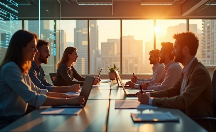 Ein hell erleuchtetes, modernes Büro mit einem lächelnden Team, das konzentriert vor transparenten Bildschirmen sitzt, auf denen strukturierte digitale Rechnungen und sichere Datenströme elegant dargestellt sind, während warmes Sonnenlicht durch große Fenster fällt und eine Atmosphäre von Vertrauen, Innovation und digitalem Fortschritt schafft.