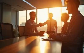 In einem hell erleuchteten, modernen Büro strahlen dynamische Menschen beim Austausch über digitale Finanztransaktionen, während warme Sonnenstrahlen sanft durch große Fenster fallen und den Fortschritt und das Vertrauen in schnelle, sichere Echtzeitüberweisungen symbolisieren.