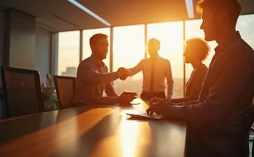 In einem hell erleuchteten, modernen Büro strahlen dynamische Menschen beim Austausch über digitale Finanztransaktionen, während warme Sonnenstrahlen sanft durch große Fenster fallen und den Fortschritt und das Vertrauen in schnelle, sichere Echtzeitüberweisungen symbolisieren.