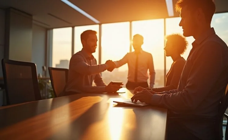 In einem hell erleuchteten, modernen Büro strahlen dynamische Menschen beim Austausch über digitale Finanztransaktionen, während warme Sonnenstrahlen sanft durch große Fenster fallen und den Fortschritt und das Vertrauen in schnelle, sichere Echtzeitüberweisungen symbolisieren.