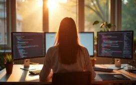 Ein hell erleuchteter, moderner Arbeitsplatz mit entspannt konzentrierter Person vor mehreren Bildschirmen, die eine minimalistisch gestaltete, offene Entwicklungsumgebung zeigt, umgeben von warmem Tageslicht und freundlich-organischem Interieur, das Innovation und kreative Freiheit im Software-Development ausstrahlt.