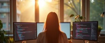 Ein hell erleuchteter, moderner Arbeitsplatz mit entspannt konzentrierter Person vor mehreren Bildschirmen, die eine minimalistisch gestaltete, offene Entwicklungsumgebung zeigt, umgeben von warmem Tageslicht und freundlich-organischem Interieur, das Innovation und kreative Freiheit im Software-Development ausstrahlt.