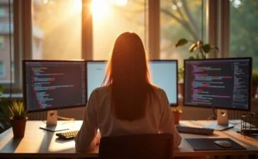 Ein hell erleuchteter, moderner Arbeitsplatz mit entspannt konzentrierter Person vor mehreren Bildschirmen, die eine minimalistisch gestaltete, offene Entwicklungsumgebung zeigt, umgeben von warmem Tageslicht und freundlich-organischem Interieur, das Innovation und kreative Freiheit im Software-Development ausstrahlt.