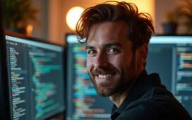 Ein freundliches, natürlich beleuchtetes Porträt eines konzentrierten Entwicklers vor zwei großen Monitoren mit offenem Code, der lebendig und modern wirkt, während warmes Tageslicht sanft die Szene durchflutet und die Atmosphäre von innovativer Webentwicklung mit C++ und asynchroner Programmierung einfühlsam einfängt.