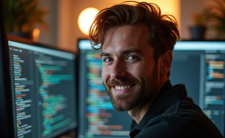 Ein freundliches, natürlich beleuchtetes Porträt eines konzentrierten Entwicklers vor zwei großen Monitoren mit offenem Code, der lebendig und modern wirkt, während warmes Tageslicht sanft die Szene durchflutet und die Atmosphäre von innovativer Webentwicklung mit C++ und asynchroner Programmierung einfühlsam einfängt.