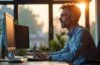 In einem hell erleuchteten, modernen Büro konzentriert sich ein aufmerksamer IT-Administrator mittleren Alters vor mehreren Bildschirmen, während warmes Tageslicht durch große Fenster fällt und eine Atmosphäre von Kompetenz, Engagement und vertrauensvoller Weiterentwicklung schafft.