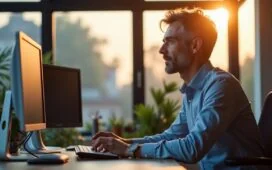 In einem hell erleuchteten, modernen Büro konzentriert sich ein aufmerksamer IT-Administrator mittleren Alters vor mehreren Bildschirmen, während warmes Tageslicht durch große Fenster fällt und eine Atmosphäre von Kompetenz, Engagement und vertrauensvoller Weiterentwicklung schafft.