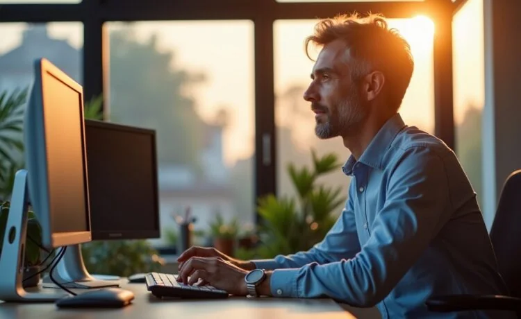 In einem hell erleuchteten, modernen Büro konzentriert sich ein aufmerksamer IT-Administrator mittleren Alters vor mehreren Bildschirmen, während warmes Tageslicht durch große Fenster fällt und eine Atmosphäre von Kompetenz, Engagement und vertrauensvoller Weiterentwicklung schafft.