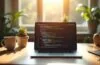 Ein strahlend heller, natürlicher Arbeitsplatz mit einem modernen Laptop, auf dem klar strukturierter Code in einer eleganten Programmiersprache zu sehen ist, umgeben von warmem Tageslicht und einem aufgeräumten, inspirierenden Ambiente, das Produktivität und technologische Innovation liebevoll vereint.