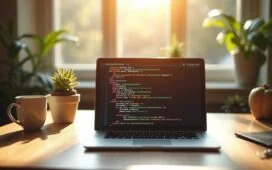 Ein strahlend heller, natürlicher Arbeitsplatz mit einem modernen Laptop, auf dem klar strukturierter Code in einer eleganten Programmiersprache zu sehen ist, umgeben von warmem Tageslicht und einem aufgeräumten, inspirierenden Ambiente, das Produktivität und technologische Innovation liebevoll vereint.