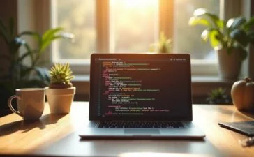 Ein strahlend heller, natürlicher Arbeitsplatz mit einem modernen Laptop, auf dem klar strukturierter Code in einer eleganten Programmiersprache zu sehen ist, umgeben von warmem Tageslicht und einem aufgeräumten, inspirierenden Ambiente, das Produktivität und technologische Innovation liebevoll vereint.