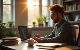 Ein warmes, natürlich beleuchtetes Redaktionsfoto zeigt einen engagierten Entwickler in einem modernen, hellen Büro, der konzentriert mit einem Laptop vor sich an Java-Code und Testskripten arbeitet, umgeben von technischen Büchern und einer Tasse Kaffee, während sanftes Tageslicht durch große Fenster fällt und eine freundliche, produktive Stimmung vermittelt.