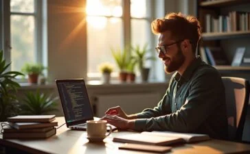 Ein warmes, natürlich beleuchtetes Redaktionsfoto zeigt einen engagierten Entwickler in einem modernen, hellen Büro, der konzentriert mit einem Laptop vor sich an Java-Code und Testskripten arbeitet, umgeben von technischen Büchern und einer Tasse Kaffee, während sanftes Tageslicht durch große Fenster fällt und eine freundliche, produktive Stimmung vermittelt.