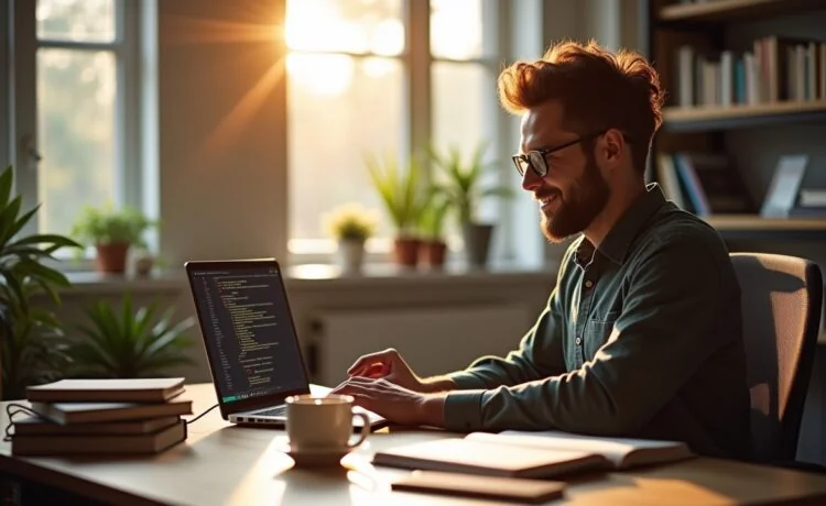 Ein warmes, natürlich beleuchtetes Redaktionsfoto zeigt einen engagierten Entwickler in einem modernen, hellen Büro, der konzentriert mit einem Laptop vor sich an Java-Code und Testskripten arbeitet, umgeben von technischen Büchern und einer Tasse Kaffee, während sanftes Tageslicht durch große Fenster fällt und eine freundliche, produktive Stimmung vermittelt.