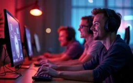 Ein strahlend helles, atmosphärisch warmes Studio mit moderner Gaming-Hardware, in dem eine diverse Gruppe konzentrierter Entwickler um einen leuchtenden Bildschirm versammelt ist, während weiches Tageslicht ihre begeisterten Gesichter sanft umspielt – ein Sinnbild für die innovative Verschmelzung von Künstlicher Intelligenz und Spieleentwicklung unter Elon Musks visionärer Führung.