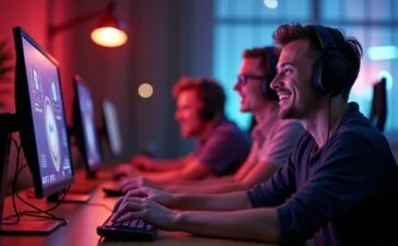 Ein strahlend helles, atmosphärisch warmes Studio mit moderner Gaming-Hardware, in dem eine diverse Gruppe konzentrierter Entwickler um einen leuchtenden Bildschirm versammelt ist, während weiches Tageslicht ihre begeisterten Gesichter sanft umspielt – ein Sinnbild für die innovative Verschmelzung von Künstlicher Intelligenz und Spieleentwicklung unter Elon Musks visionärer Führung.