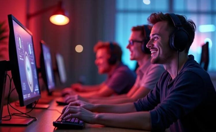 Ein strahlend helles, atmosphärisch warmes Studio mit moderner Gaming-Hardware, in dem eine diverse Gruppe konzentrierter Entwickler um einen leuchtenden Bildschirm versammelt ist, während weiches Tageslicht ihre begeisterten Gesichter sanft umspielt – ein Sinnbild für die innovative Verschmelzung von Künstlicher Intelligenz und Spieleentwicklung unter Elon Musks visionärer Führung.