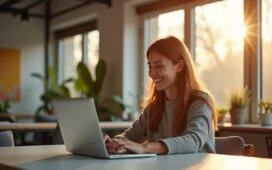 Ein warm erleuchteter, moderner Büroarbeitsplatz zeigt eine junge Frau, die mit einem einfühlsamen Lächeln auf ihrem Laptop spricht, während sanftes Tageslicht durch große Fenster fällt und eine harmonische Atmosphäre für die Zukunft emotional intelligenter KI-Assistenten im Kundenservice schafft.