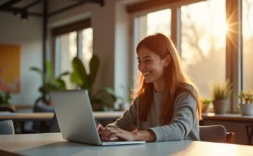 Ein warm erleuchteter, moderner Büroarbeitsplatz zeigt eine junge Frau, die mit einem einfühlsamen Lächeln auf ihrem Laptop spricht, während sanftes Tageslicht durch große Fenster fällt und eine harmonische Atmosphäre für die Zukunft emotional intelligenter KI-Assistenten im Kundenservice schafft.