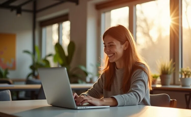 Ein warm erleuchteter, moderner Büroarbeitsplatz zeigt eine junge Frau, die mit einem einfühlsamen Lächeln auf ihrem Laptop spricht, während sanftes Tageslicht durch große Fenster fällt und eine harmonische Atmosphäre für die Zukunft emotional intelligenter KI-Assistenten im Kundenservice schafft.
