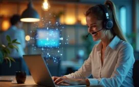 Ein warm erleuchtetes, modernes Büro mit einer lächelnden Kundenservice-Mitarbeiterin, die entspannt vor einem Laptop sitzt, während subtile digitale Elemente wie sanfte Lichtakzente und ein transparentes Hologramm im Hintergrund die empathische Verbindung zwischen Mensch und intelligenter KI symbolisieren.