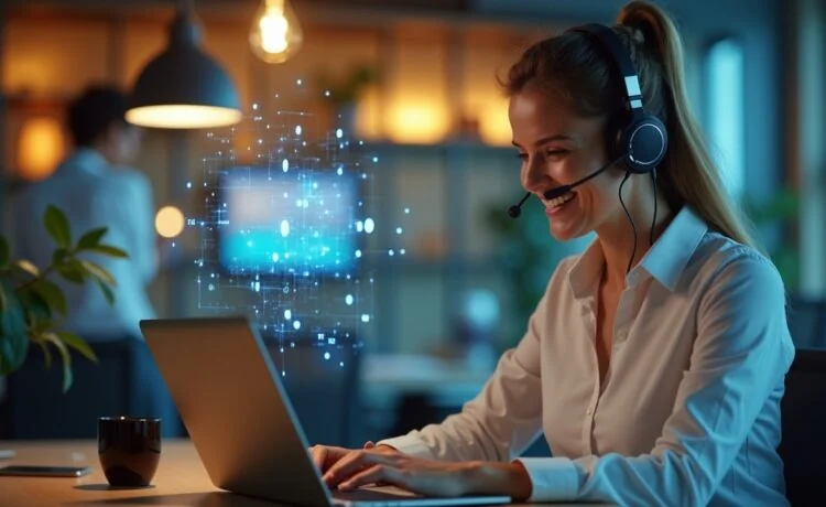 Ein warm erleuchtetes, modernes Büro mit einer lächelnden Kundenservice-Mitarbeiterin, die entspannt vor einem Laptop sitzt, während subtile digitale Elemente wie sanfte Lichtakzente und ein transparentes Hologramm im Hintergrund die empathische Verbindung zwischen Mensch und intelligenter KI symbolisieren.
