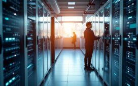 Ein modernes Rechenzentrum mit strahlendem Tageslicht durch große Fenster, in dem technikaffine Mitarbeiterinnen und Mitarbeiter konzentriert an eleganten Serverracks mit glänzenden Flüssigkeitskühlungen arbeiten – die warme Lichtstimmung vermittelt Innovationskraft, Nachhaltigkeit und Zuversicht.