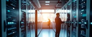 Ein modernes Rechenzentrum mit strahlendem Tageslicht durch große Fenster, in dem technikaffine Mitarbeiterinnen und Mitarbeiter konzentriert an eleganten Serverracks mit glänzenden Flüssigkeitskühlungen arbeiten – die warme Lichtstimmung vermittelt Innovationskraft, Nachhaltigkeit und Zuversicht.