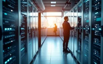 Ein modernes Rechenzentrum mit strahlendem Tageslicht durch große Fenster, in dem technikaffine Mitarbeiterinnen und Mitarbeiter konzentriert an eleganten Serverracks mit glänzenden Flüssigkeitskühlungen arbeiten – die warme Lichtstimmung vermittelt Innovationskraft, Nachhaltigkeit und Zuversicht.