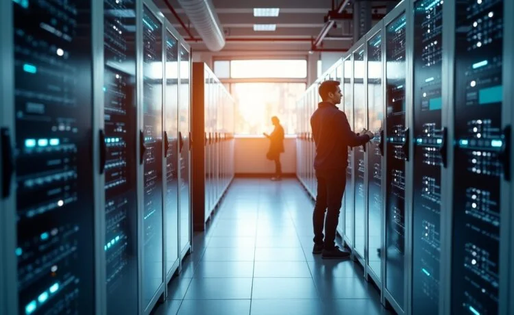 Ein modernes Rechenzentrum mit strahlendem Tageslicht durch große Fenster, in dem technikaffine Mitarbeiterinnen und Mitarbeiter konzentriert an eleganten Serverracks mit glänzenden Flüssigkeitskühlungen arbeiten – die warme Lichtstimmung vermittelt Innovationskraft, Nachhaltigkeit und Zuversicht.