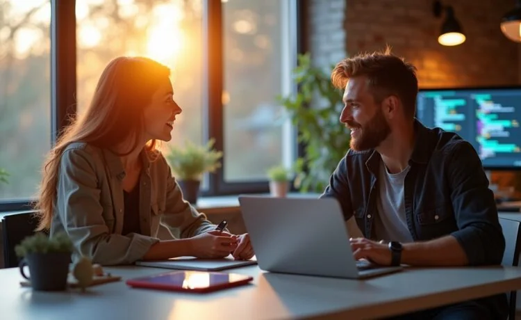 Ein hell erleuchteter, moderner Arbeitsplatz mit zwei Entwicklern in lebhaften Gesprächen, umgeben von Notebooks, Tablets und Code auf Bildschirmen, die konzentriert die Balance zwischen schneller Umsetzung und nachhaltiger Skalierung von Apps diskutieren – eingefangen in warmem Tageslicht mit natürlicher, freundlicher Atmosphäre.