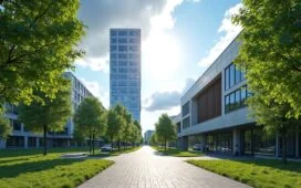 Sonnenbeschienener Eingangsbereich des Nordkopf Towers in Braunschweig, umgeben von lebendig grünen Bäumen und moderner Architektur, mit strahlend blauem Himmel im Hintergrund und einer freundlichen Atmosphäre, die technologische Zukunft und regionale Verbundenheit eindrucksvoll vereint.