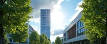 Sonnenbeschienener Eingangsbereich des Nordkopf Towers in Braunschweig, umgeben von lebendig grünen Bäumen und moderner Architektur, mit strahlend blauem Himmel im Hintergrund und einer freundlichen Atmosphäre, die technologische Zukunft und regionale Verbundenheit eindrucksvoll vereint.