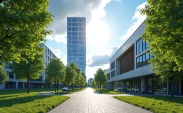 Sonnenbeschienener Eingangsbereich des Nordkopf Towers in Braunschweig, umgeben von lebendig grünen Bäumen und moderner Architektur, mit strahlend blauem Himmel im Hintergrund und einer freundlichen Atmosphäre, die technologische Zukunft und regionale Verbundenheit eindrucksvoll vereint.