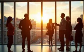 In einem hell erleuchteten, modernen Bürogebäude zeigt sich eine diverse Gruppe engagierter Fachleute in angeregtem Austausch vor großen Fenstern mit Blick auf eine sonnenbeschienene europäische Stadt, während warme Tageslichtstrahlen die Szene durchfluten und eine einladende Atmosphäre für Innovation und zukunftsweisende KI-Projekte schaffen.