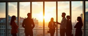 In einem hell erleuchteten, modernen Bürogebäude zeigt sich eine diverse Gruppe engagierter Fachleute in angeregtem Austausch vor großen Fenstern mit Blick auf eine sonnenbeschienene europäische Stadt, während warme Tageslichtstrahlen die Szene durchfluten und eine einladende Atmosphäre für Innovation und zukunftsweisende KI-Projekte schaffen.