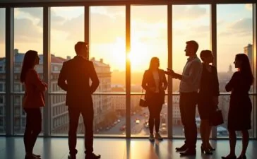 In einem hell erleuchteten, modernen Bürogebäude zeigt sich eine diverse Gruppe engagierter Fachleute in angeregtem Austausch vor großen Fenstern mit Blick auf eine sonnenbeschienene europäische Stadt, während warme Tageslichtstrahlen die Szene durchfluten und eine einladende Atmosphäre für Innovation und zukunftsweisende KI-Projekte schaffen.