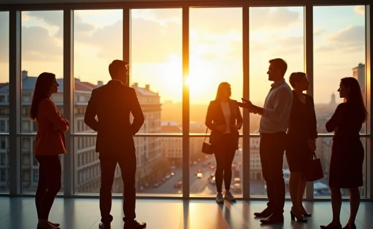 In einem hell erleuchteten, modernen Bürogebäude zeigt sich eine diverse Gruppe engagierter Fachleute in angeregtem Austausch vor großen Fenstern mit Blick auf eine sonnenbeschienene europäische Stadt, während warme Tageslichtstrahlen die Szene durchfluten und eine einladende Atmosphäre für Innovation und zukunftsweisende KI-Projekte schaffen.