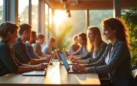 Ein sonnenbeschienener, moderner Büroarbeitsplatz mit einem lächelnden, dynamischen Team europäischer Fachkräfte, die konzentriert an Laptops und Tablets mit KI-Daten arbeiten, umgeben von warmen Holztönen, Pflanzen und großen Fenstern, die natürliches Licht hereinlassen und eine Atmosphäre von Innovationskraft und Zuversicht ausstrahlen.