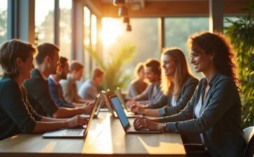 Ein sonnenbeschienener, moderner Büroarbeitsplatz mit einem lächelnden, dynamischen Team europäischer Fachkräfte, die konzentriert an Laptops und Tablets mit KI-Daten arbeiten, umgeben von warmen Holztönen, Pflanzen und großen Fenstern, die natürliches Licht hereinlassen und eine Atmosphäre von Innovationskraft und Zuversicht ausstrahlen.